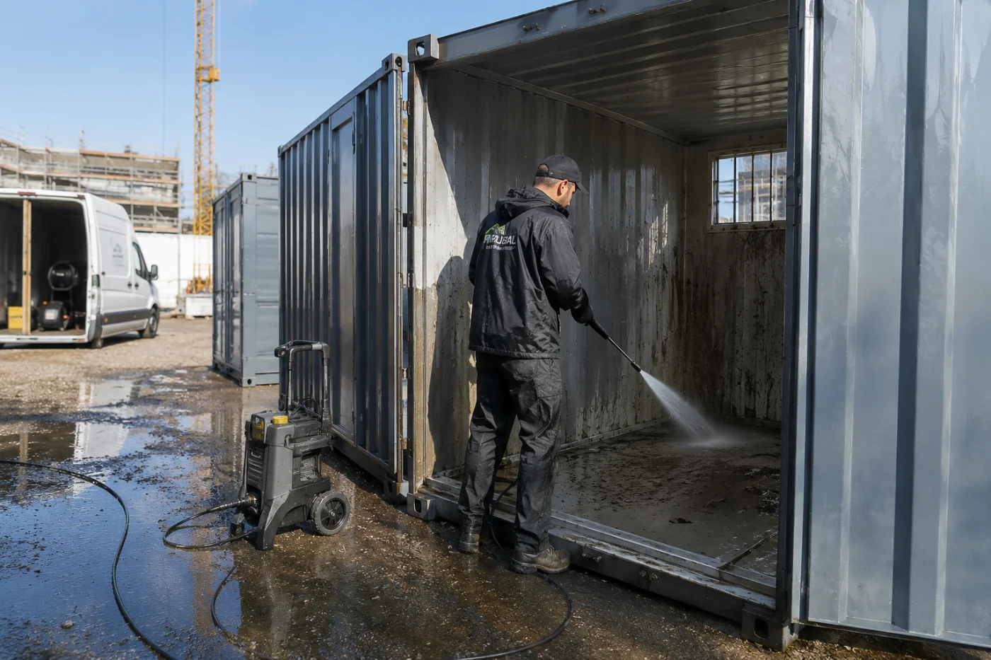 Mitarbeiter reinigt einen Baustellencontainer mit dem Hochdruckreiniger